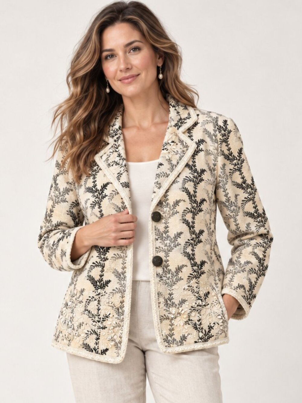 Coldwater Creek Embroidered Botanical Cotton Beaded Blazer Jacket Small